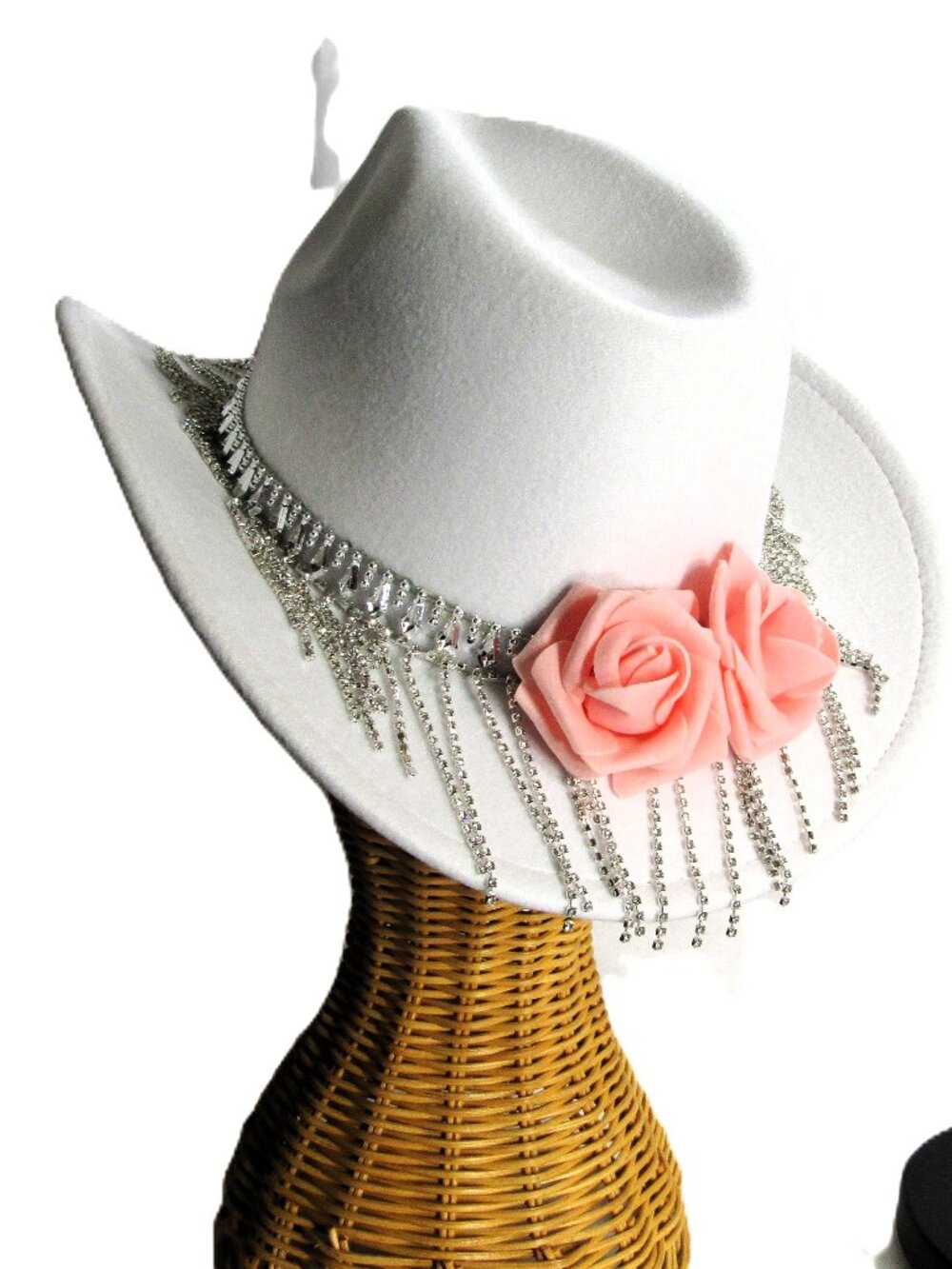COWGIRLS ROCK, WHITE WESTERN PARTY HAT + RHINESTONE FRINGE+ROSES 7 1/2 NEW
